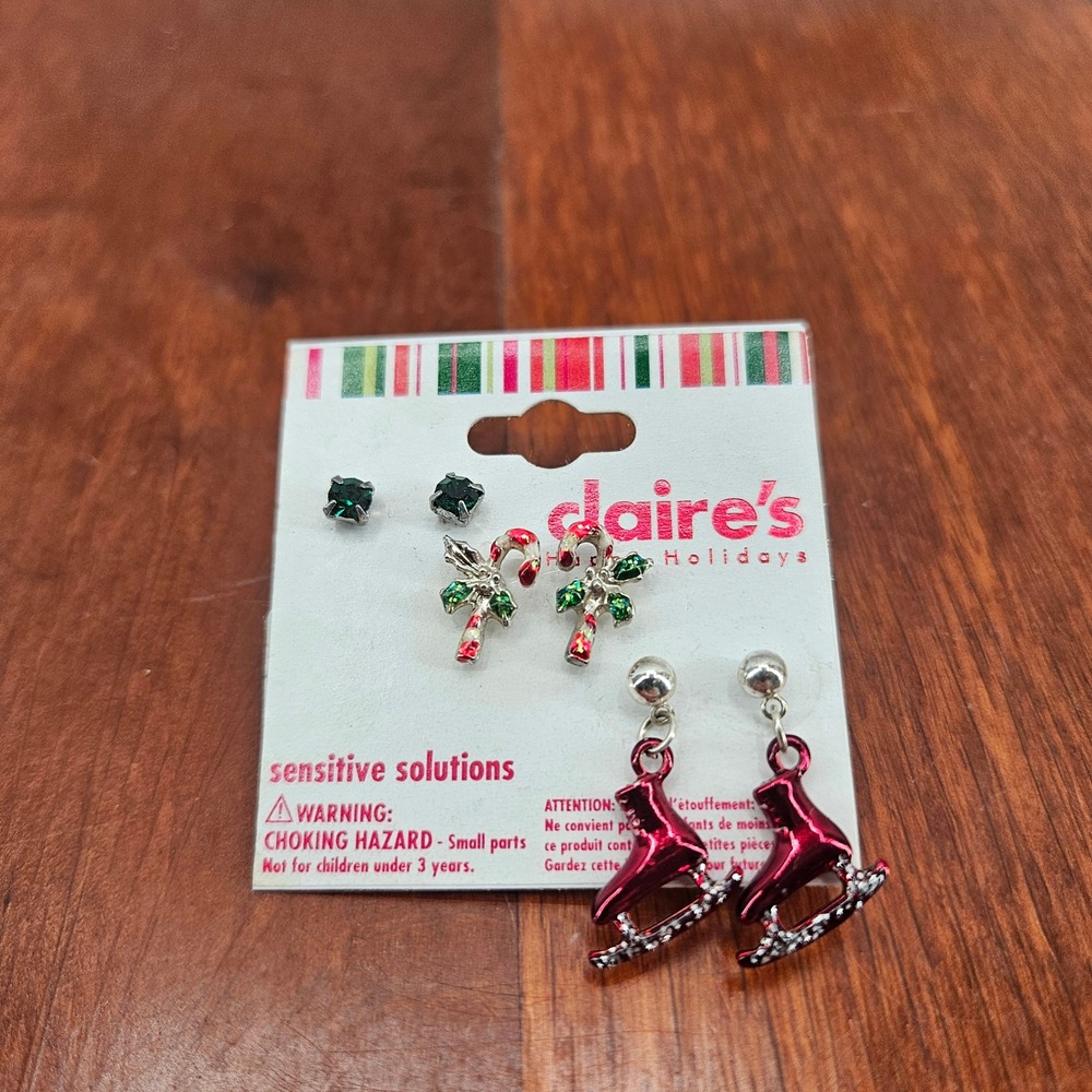 Claire's Holiday Earrings Set Stud‎ Candy Cane Ice Skates Christmas Sensitive